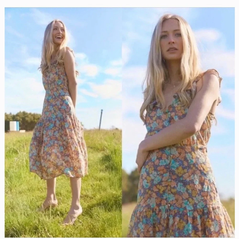 Veronica Beard Malgosia Floral-Print Button-Front‎ Ruffle cottage Midi Dress